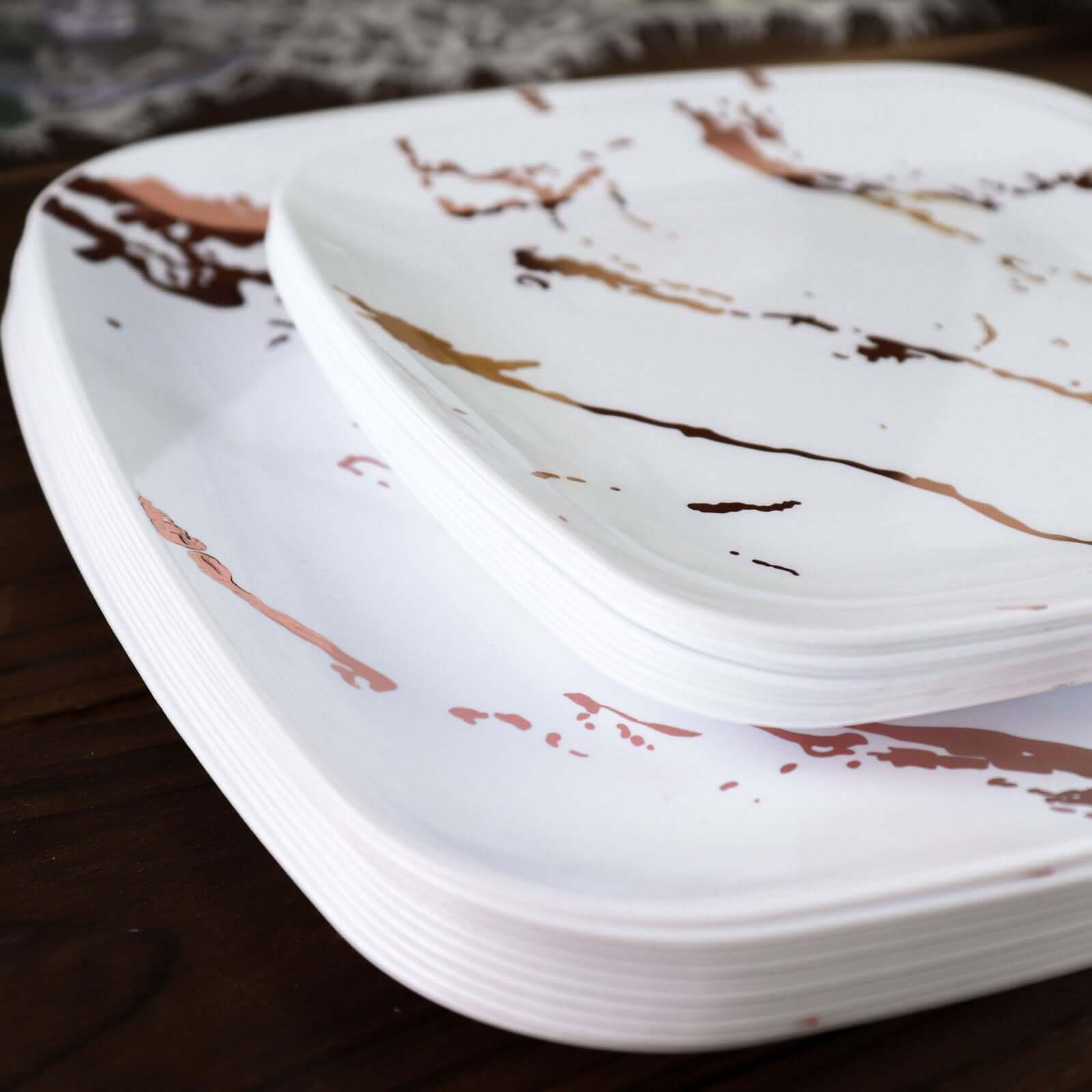 Great Deal! 10-Pack Disposable White Plastic Appetizer Plates with Rose Gold Marble Design for Special Events