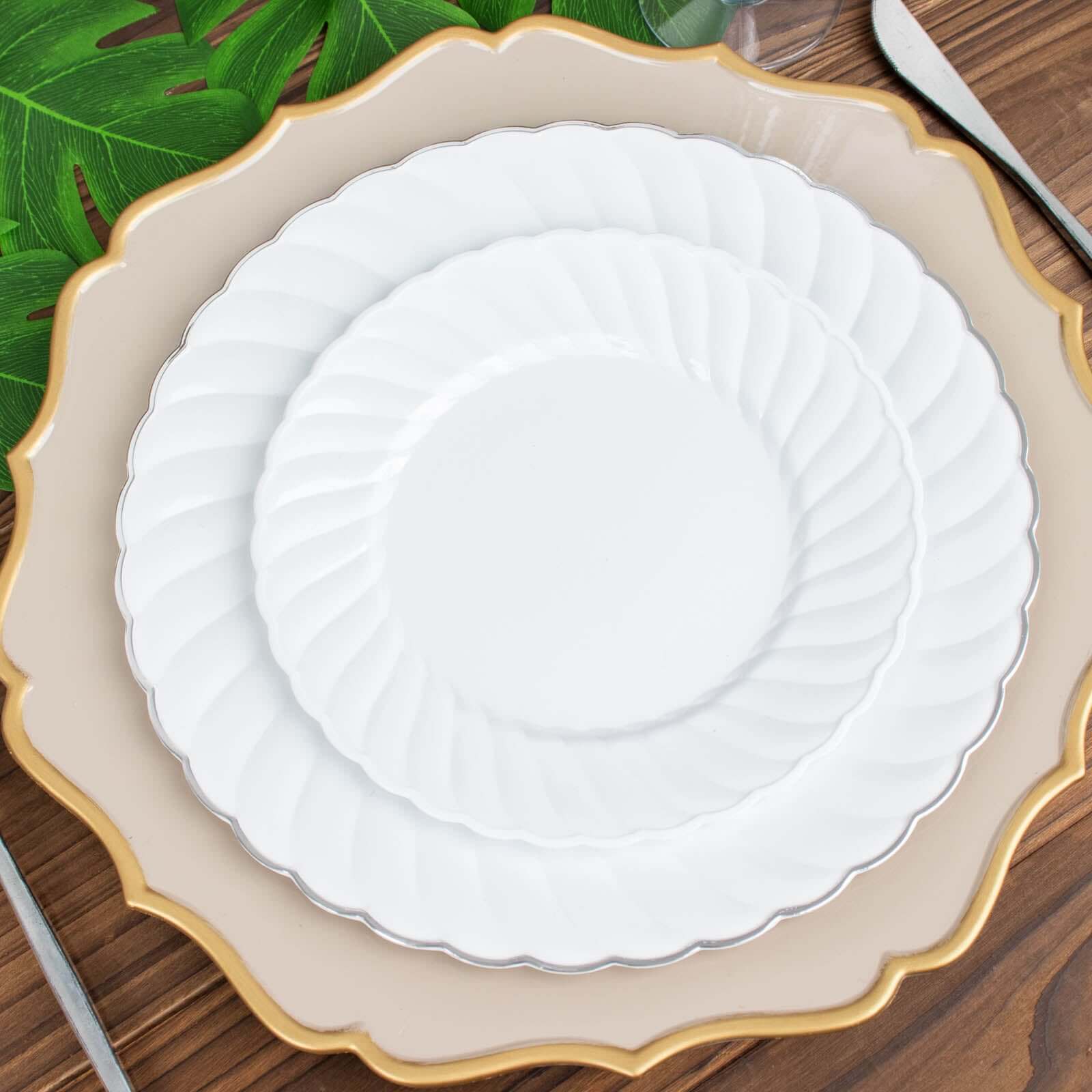 12-Piece Set of Sturdy White Plastic Dessert Plates with Flair Rim, 7.5 Inches
