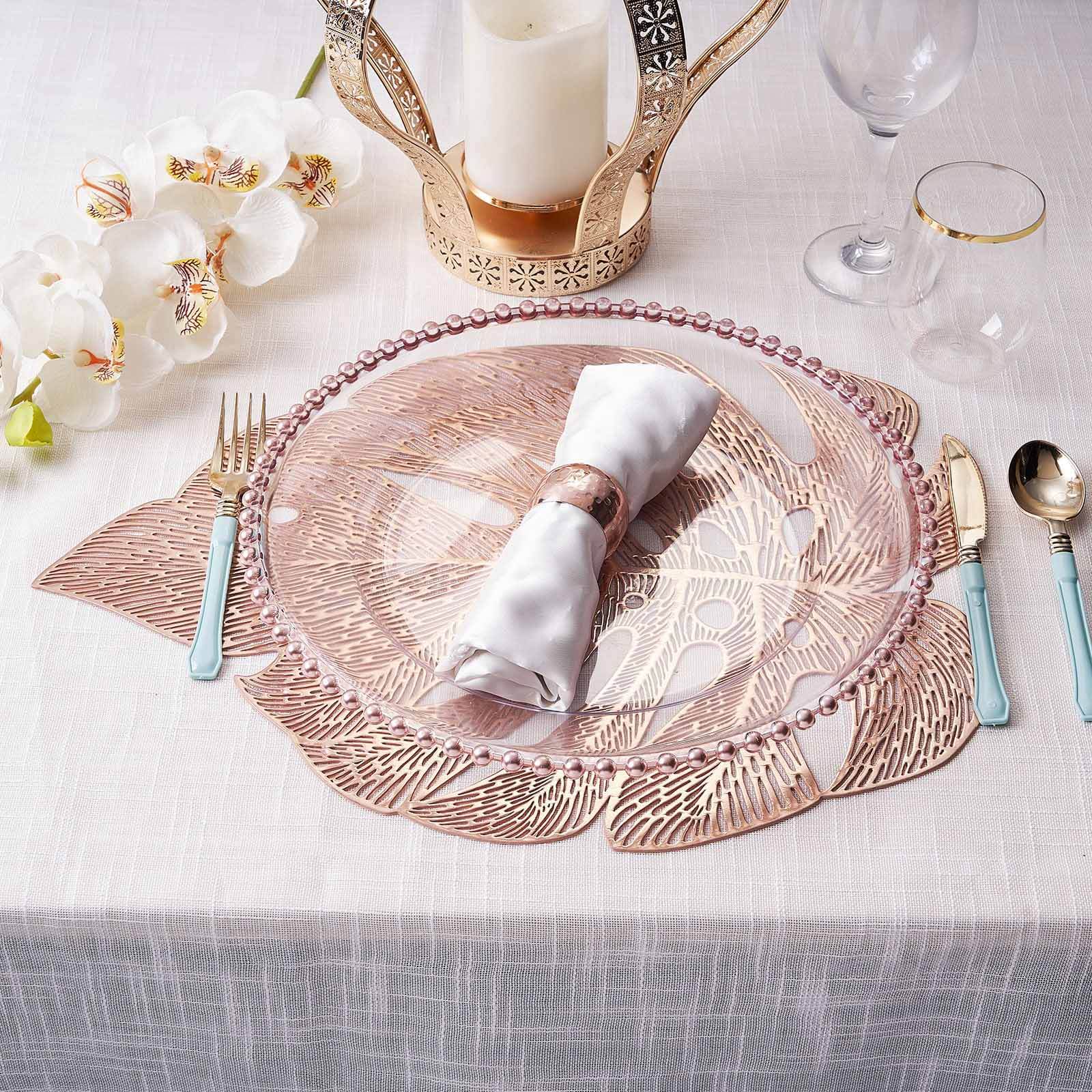 6-Piece Rose Gold Monstera Leaf Design Vinyl Dining Table Mats - Non-Slip for Tropical Decor