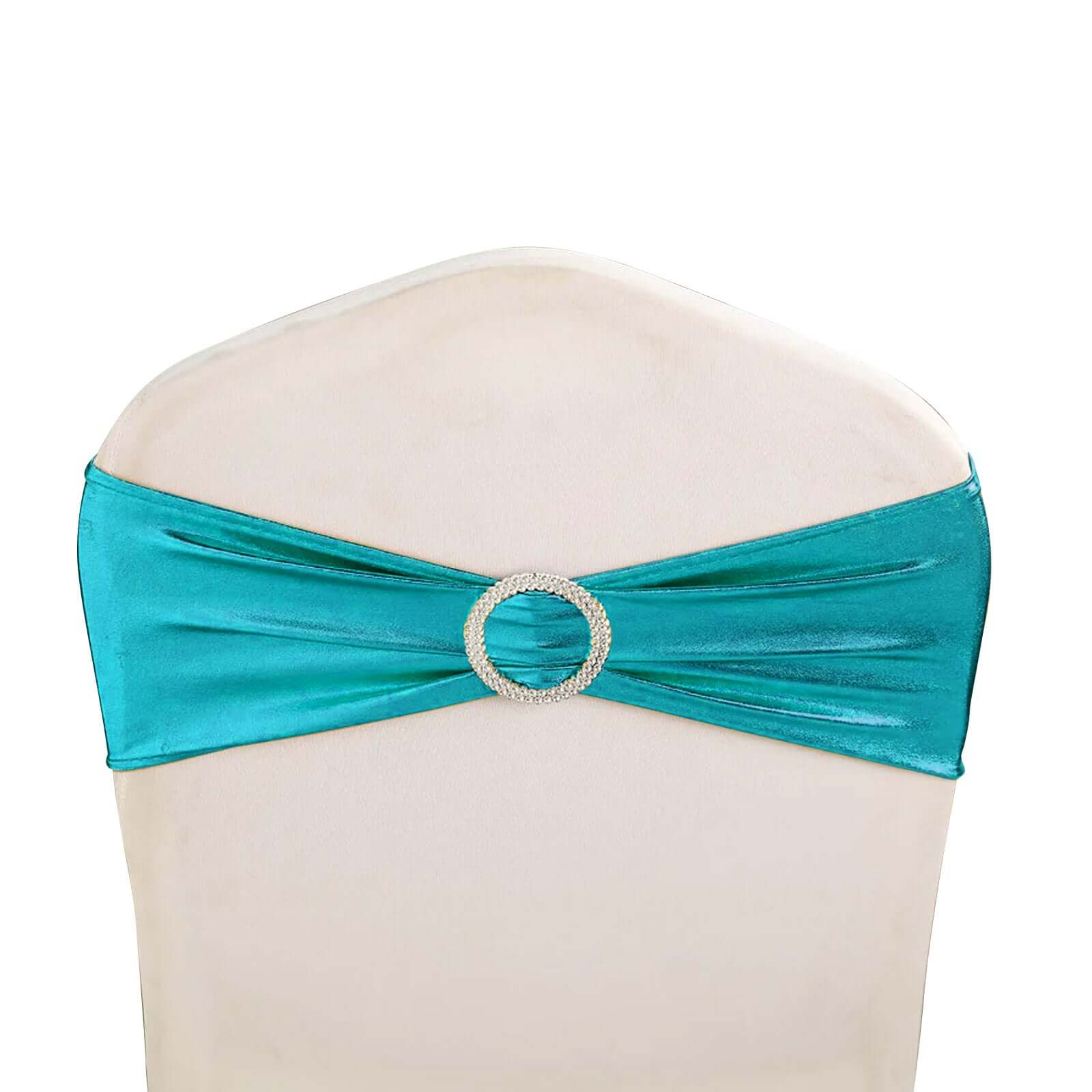5-Pack Metallic Peacock Teal Spandex Chair Sashes with Round Diamond Buckles - Great for Events