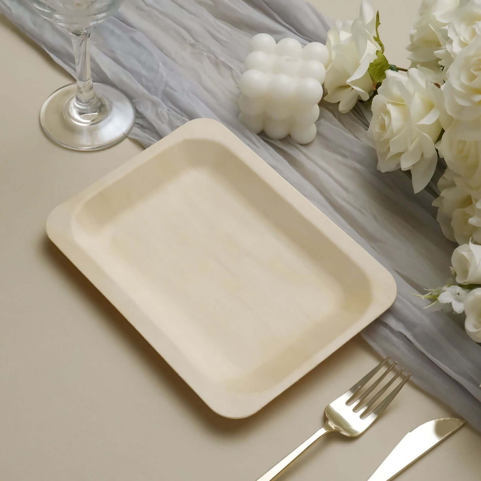 25-Pack Natural Birchwood 5x8 Rectangle Disposable Dessert Plates - Ideal for Special Events
