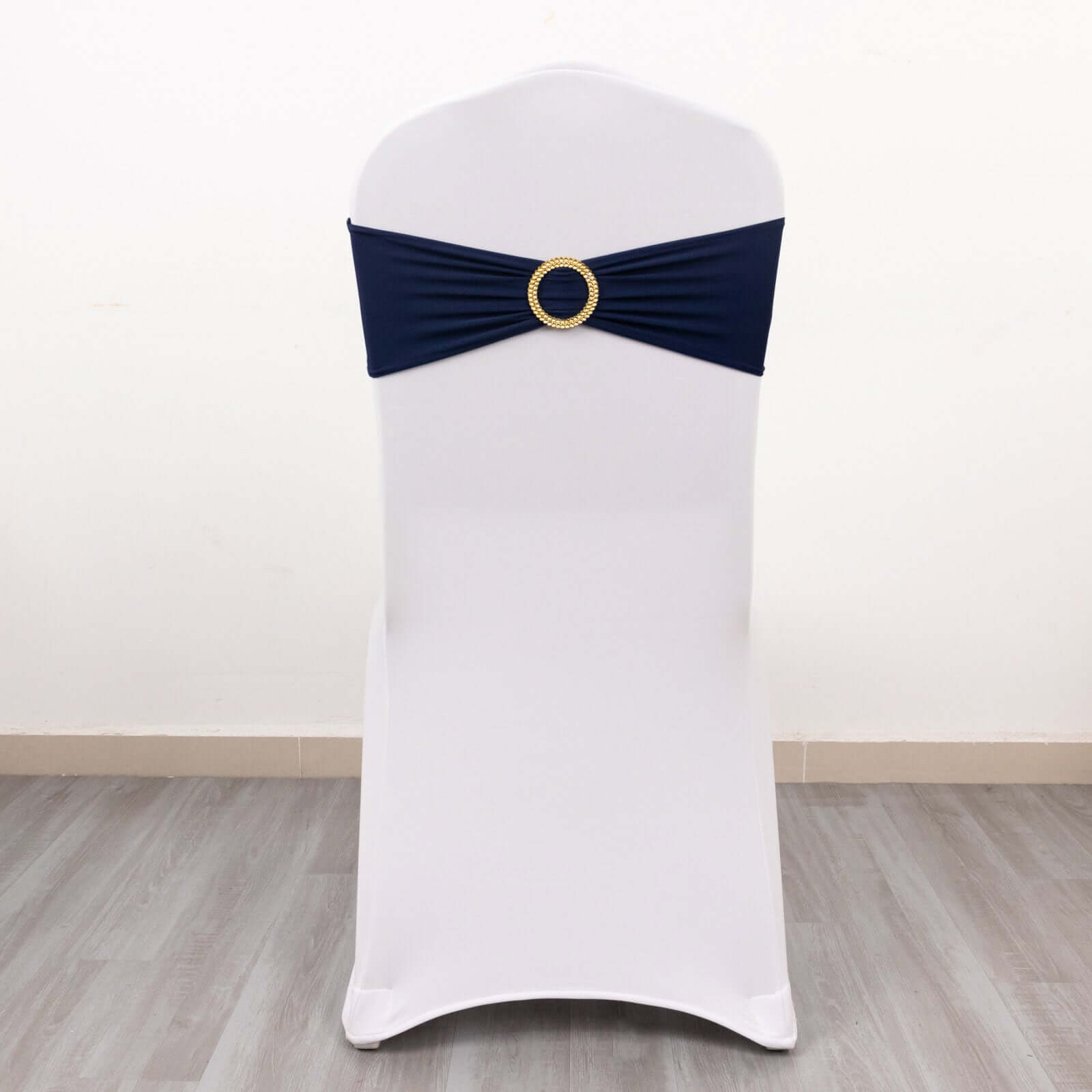 5-Piece Set of Navy Blue Spandex Chair Sashes with Gold Rhinestone Buckles - Reusable 4-Way Stretch Bands