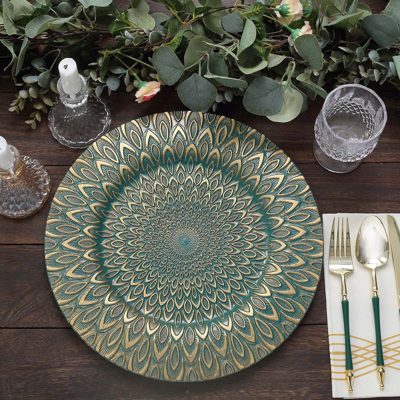 6-Piece Set of 13-Inch Teal Plastic Charger Plates with Gold Embossed Peacock Design