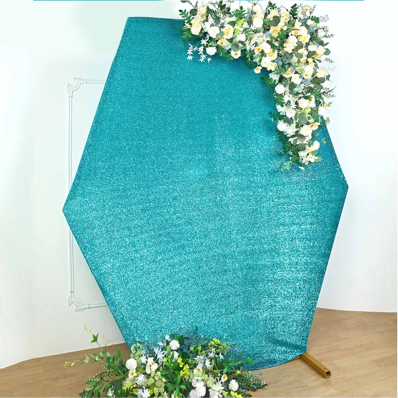 Exclusive 8ft x 7ft Turquoise Metallic Shimmer Tinsel Spandex 2-Sided Wedding Arbor Backdrop