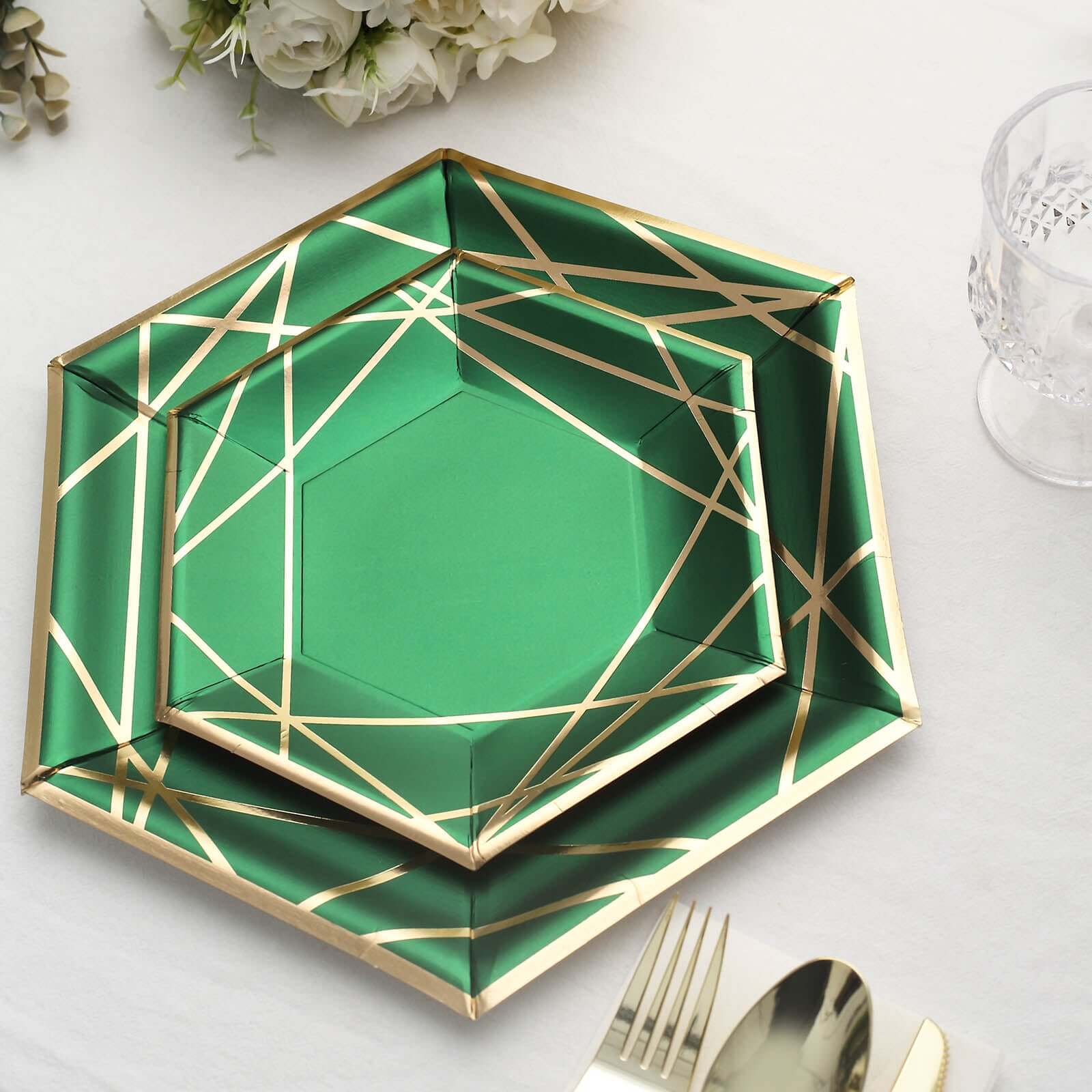 25-Piece Set of Hunter Emerald Green Paper Hexagon Dinner Plates with Gold Geometric Rim