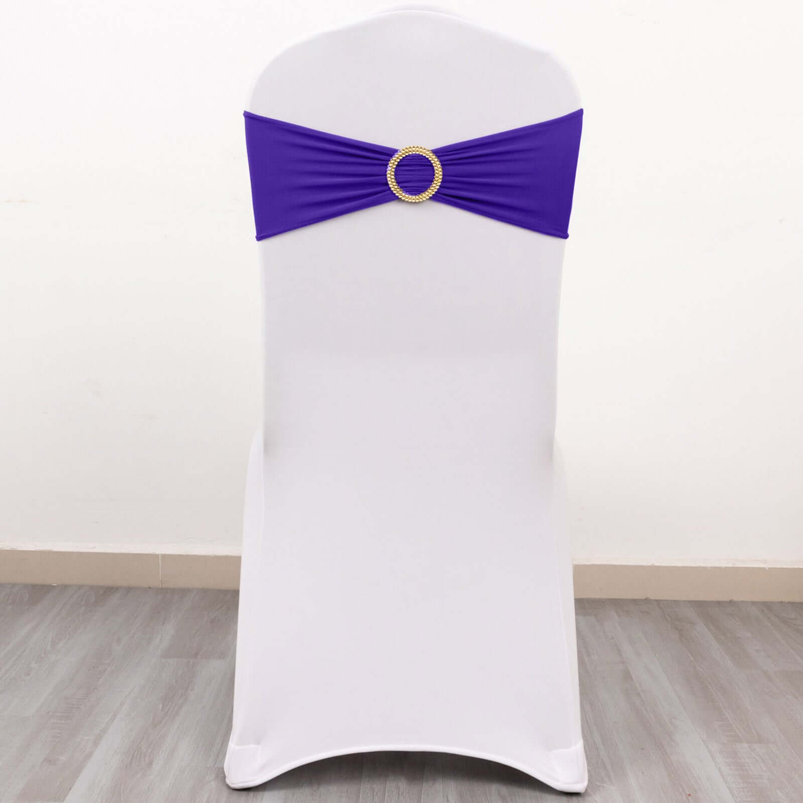5-Pack Purple Spandex Chair Sashes with Gold Rhinestone Buckles - Reusable Four-Way Stretch Decor