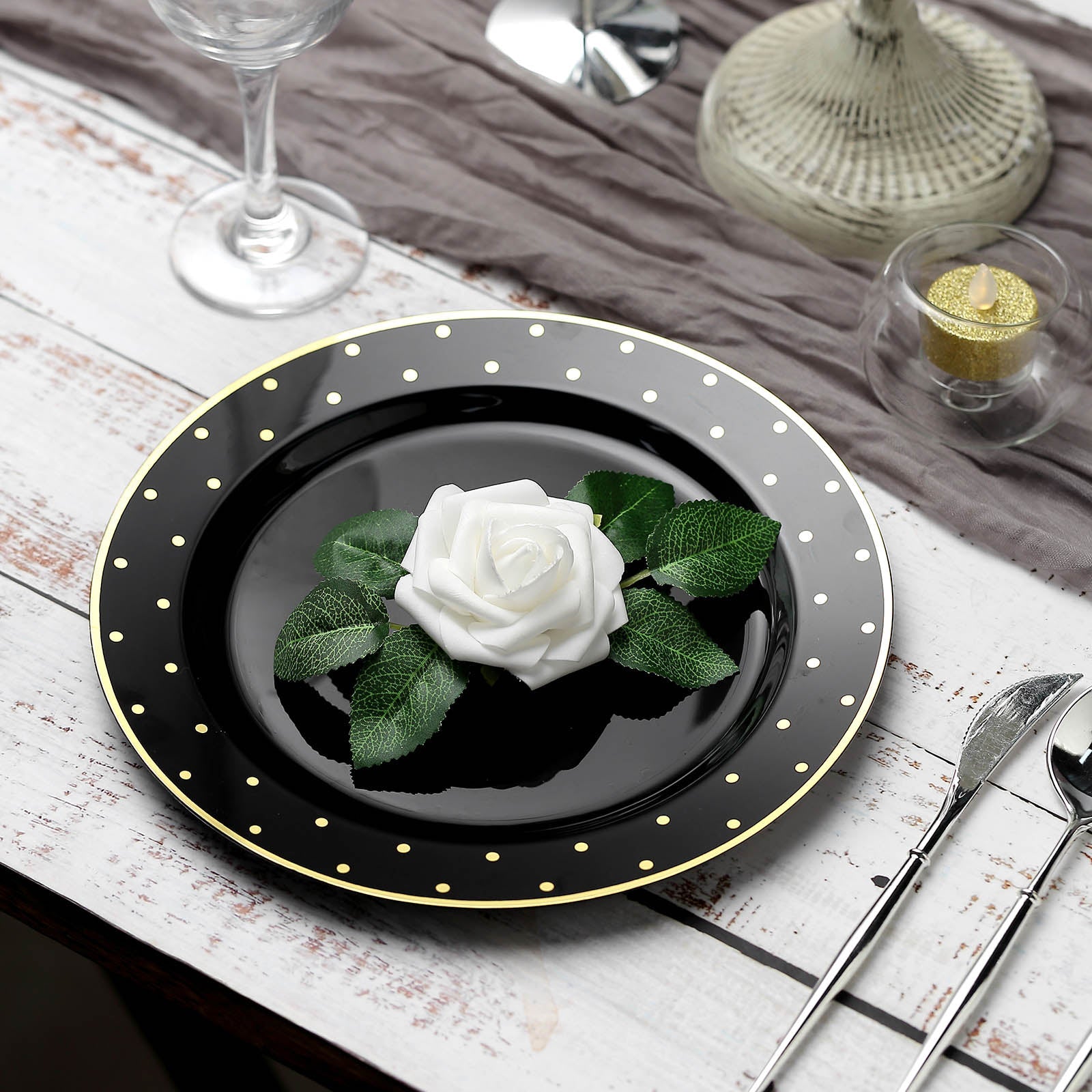 10-Pack Black Plastic Dinner Plates with Gold Dot Rim, Disposable and Sturdy