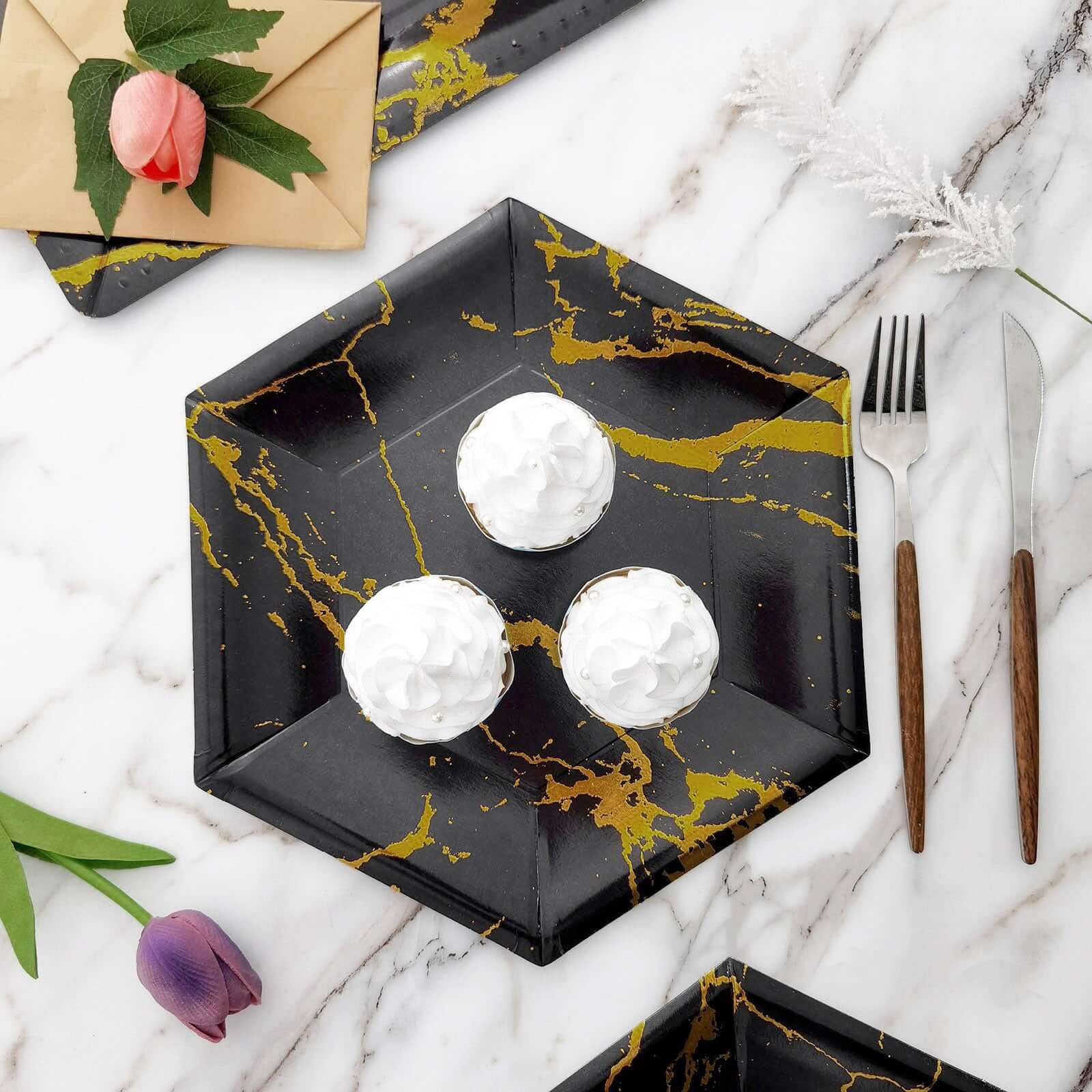 25-Pack Disposable 12" Black Paper Dinner Plates with Gold Marble Design - Ideal for Events