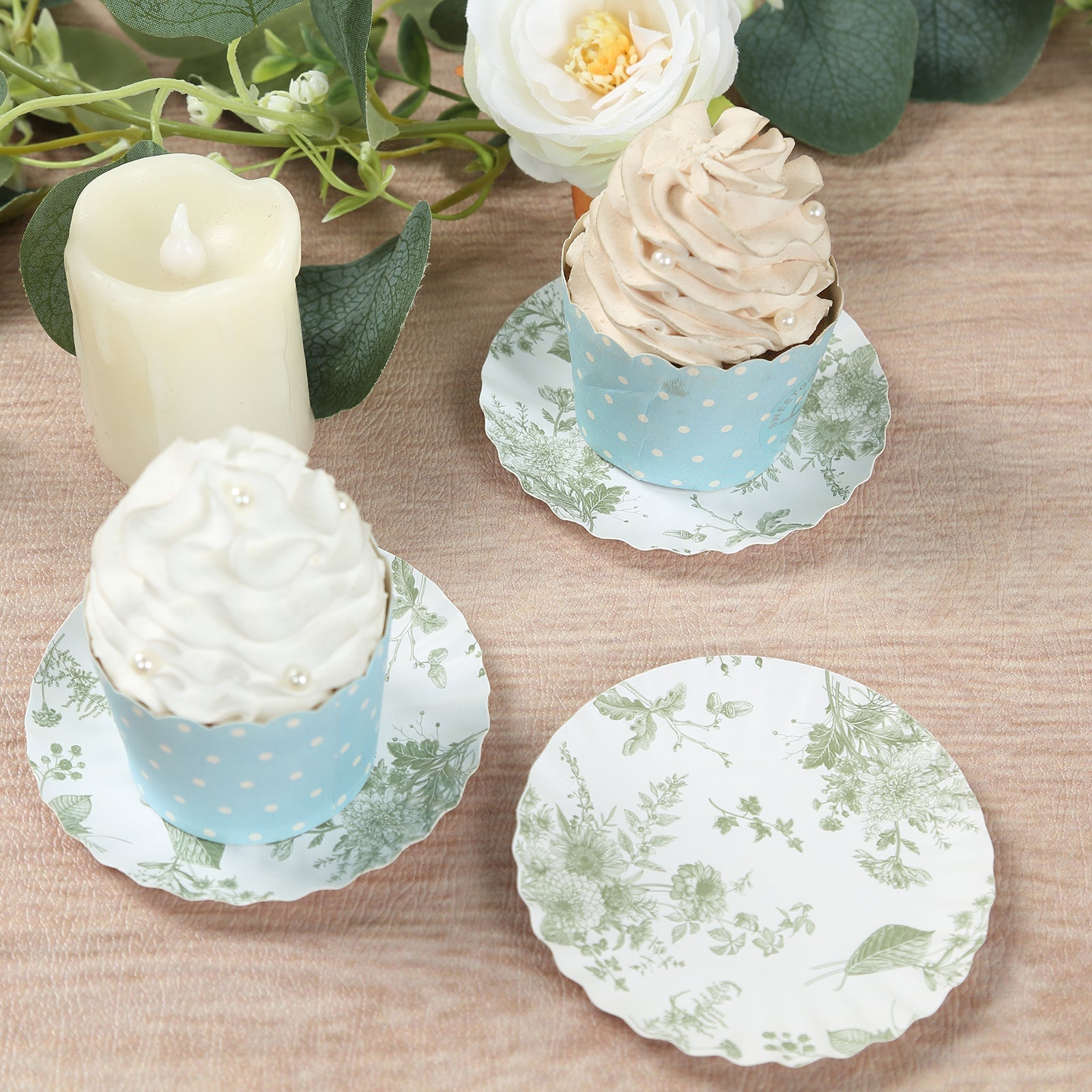 100-Pack Disposable White & Sage Green French Toile Mini Round Dessert Plates for Party