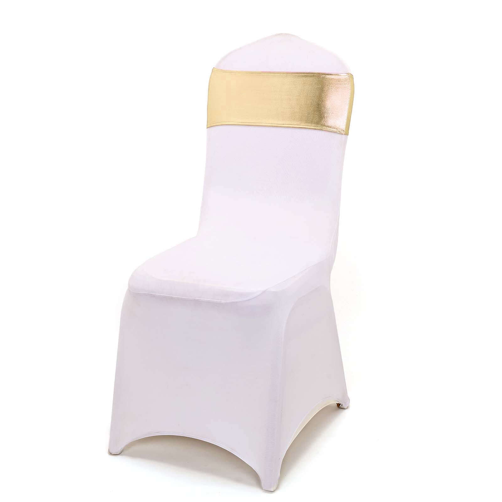 5-Pack Champagne Metallic Spandex Chair Sashes with Round Diamond Buckles - Stretch Fit!