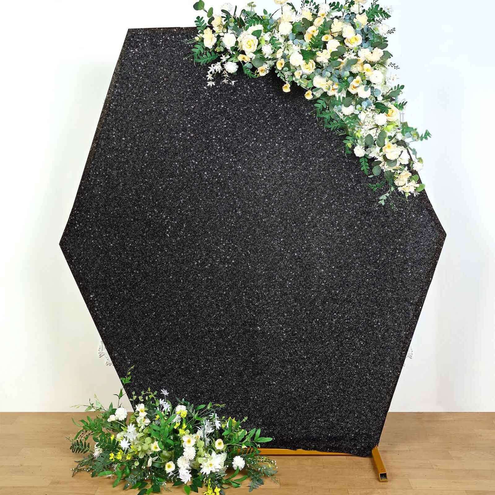 8ft x 7ft Double-Sided Black Metallic Shimmer Tinsel Spandex Hexagon Wedding Arbor Backdrop