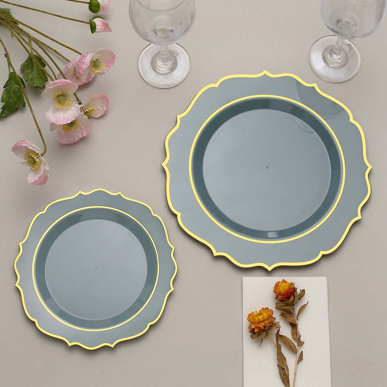 Hot Deal! 10-Pack 8" Disposable Dusty Blue Plastic Desert Plates with Gold Scalloped Rim