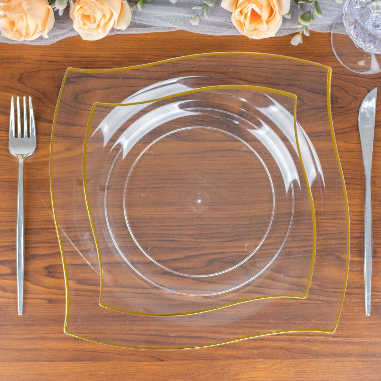 10-Piece Set of Clear Plastic Square Dessert Plates with Gold Wavy Rim - Disposable for Party Use