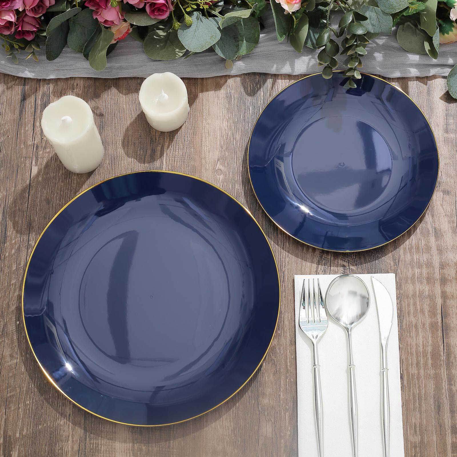 Hot Deal! 10-Piece Set of Disposable Navy Blue Plastic Round Dessert Plates with Gold Rim