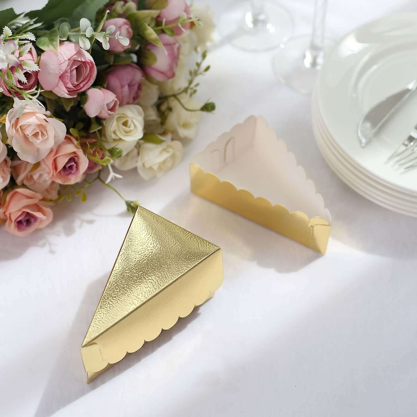 10-Pack Gold Scalloped Top Cardstock Cake Slice Boxes - Ideal for Party Favors & Snacks