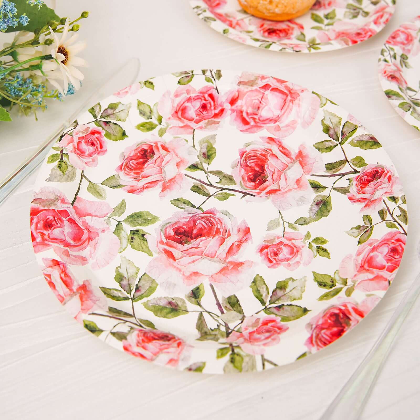 Get 25 Pack of Premium Dinner Paper Plates with Rose Flower Bouquet Design - 9