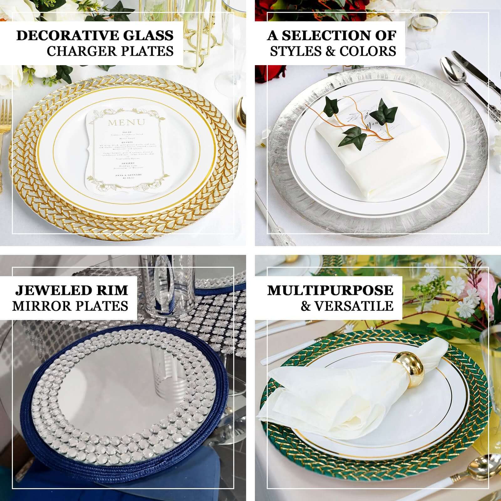 Hot Sale! 2-Pack 13-Inch Round Glass Charger Plates with Metallic Gold Mirror Rhinestone Rim for Decor