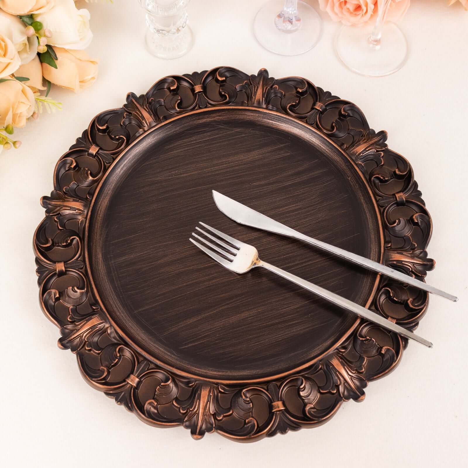 6-Piece Set of 13-Inch Dark Brown Acrylic Round Chargers with Elegant Retro Baroque Rim