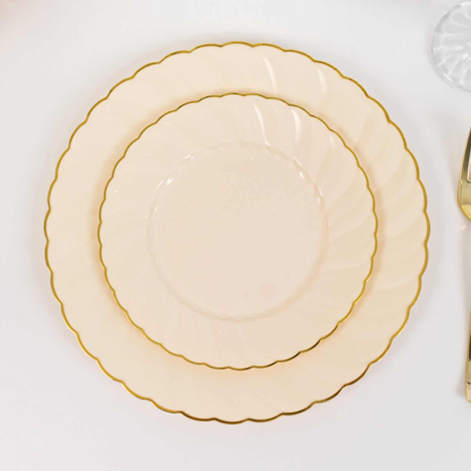 10-Pack Disposable Ivory Plastic Salad Dessert Plates with Gold Flair Rim - Great for Parties