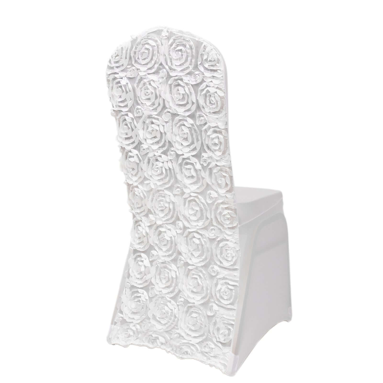 Hot Deal! White Satin Rosette Stretch Chair Covers for Banquet Chairs - Ideal for Elegant Gatherings
