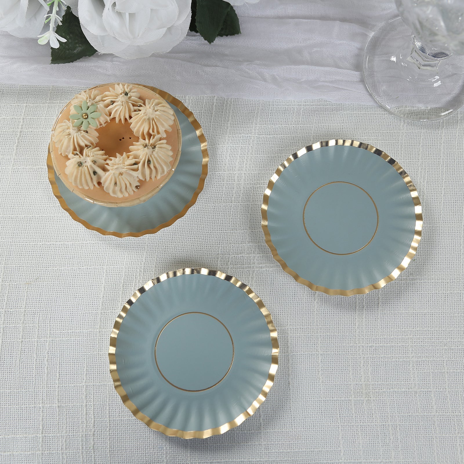50-Piece Set of 3.5-Inch Disposable Dusty Blue Paper Dessert Plates with Gold Scalloped Edges