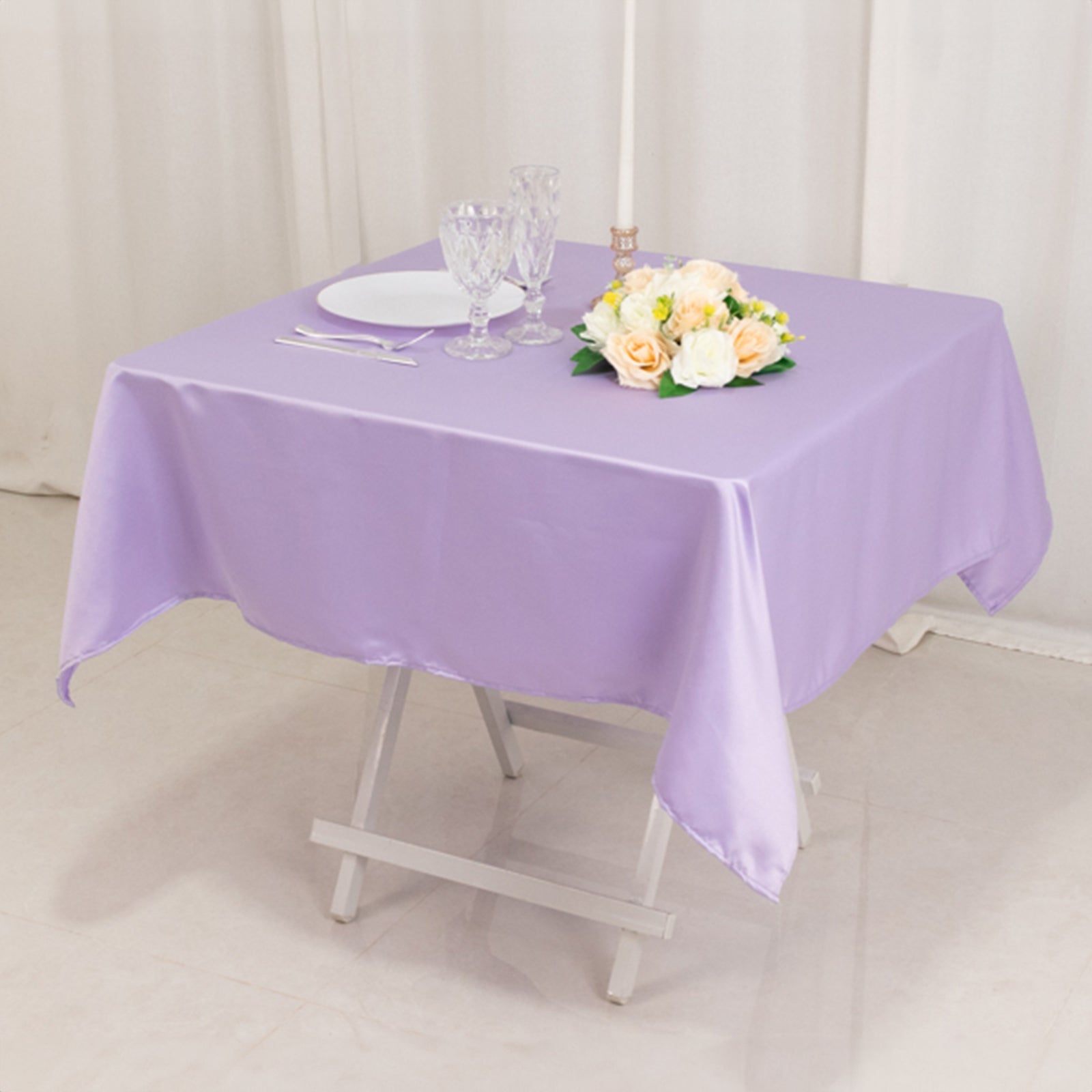 Durable Silk-Like Lavender Lilac Lamour Satin 54x54 Square Table Overlay