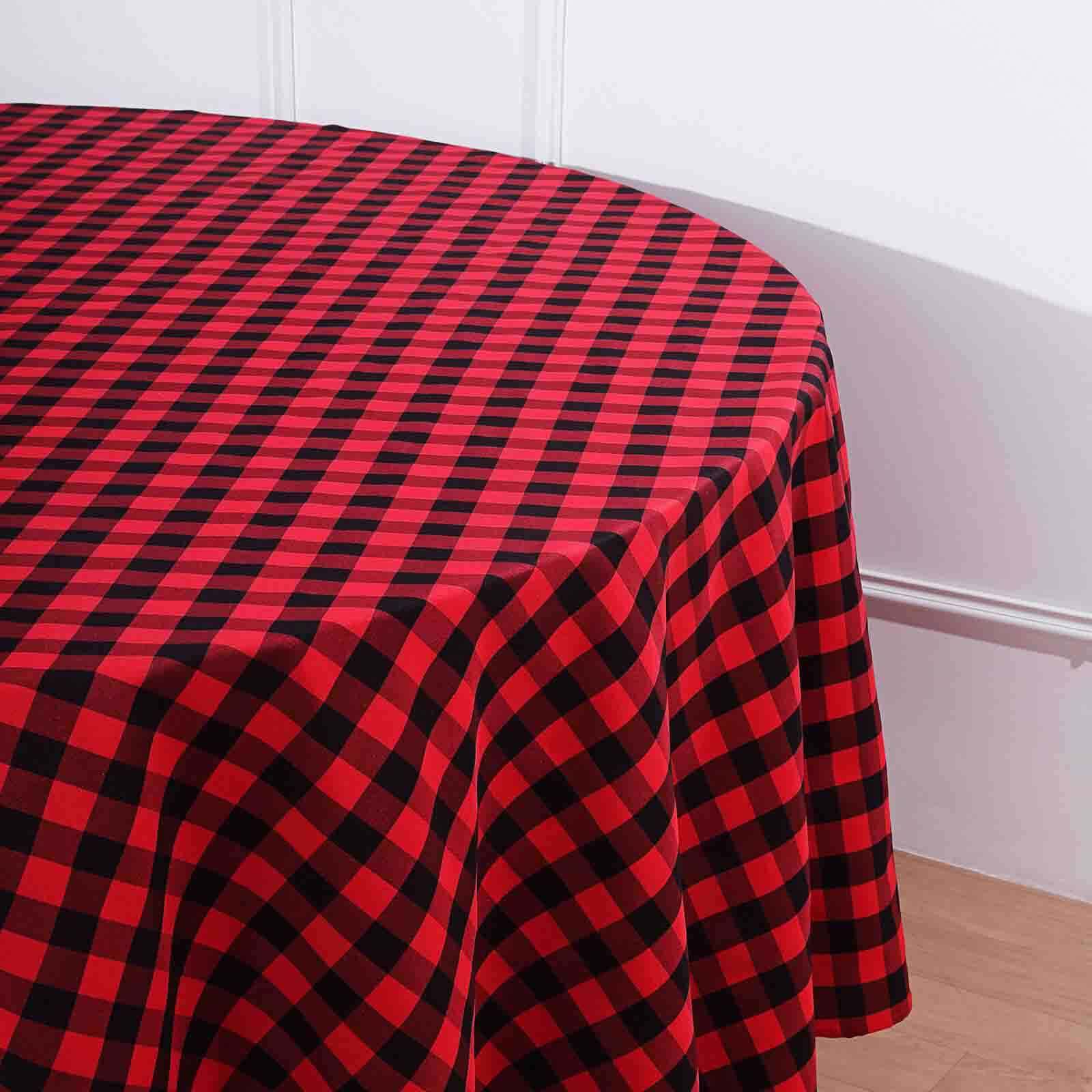 108-Inch Black and Red Buffalo Plaid Polyester Round Tablecloth - Perfect for Events