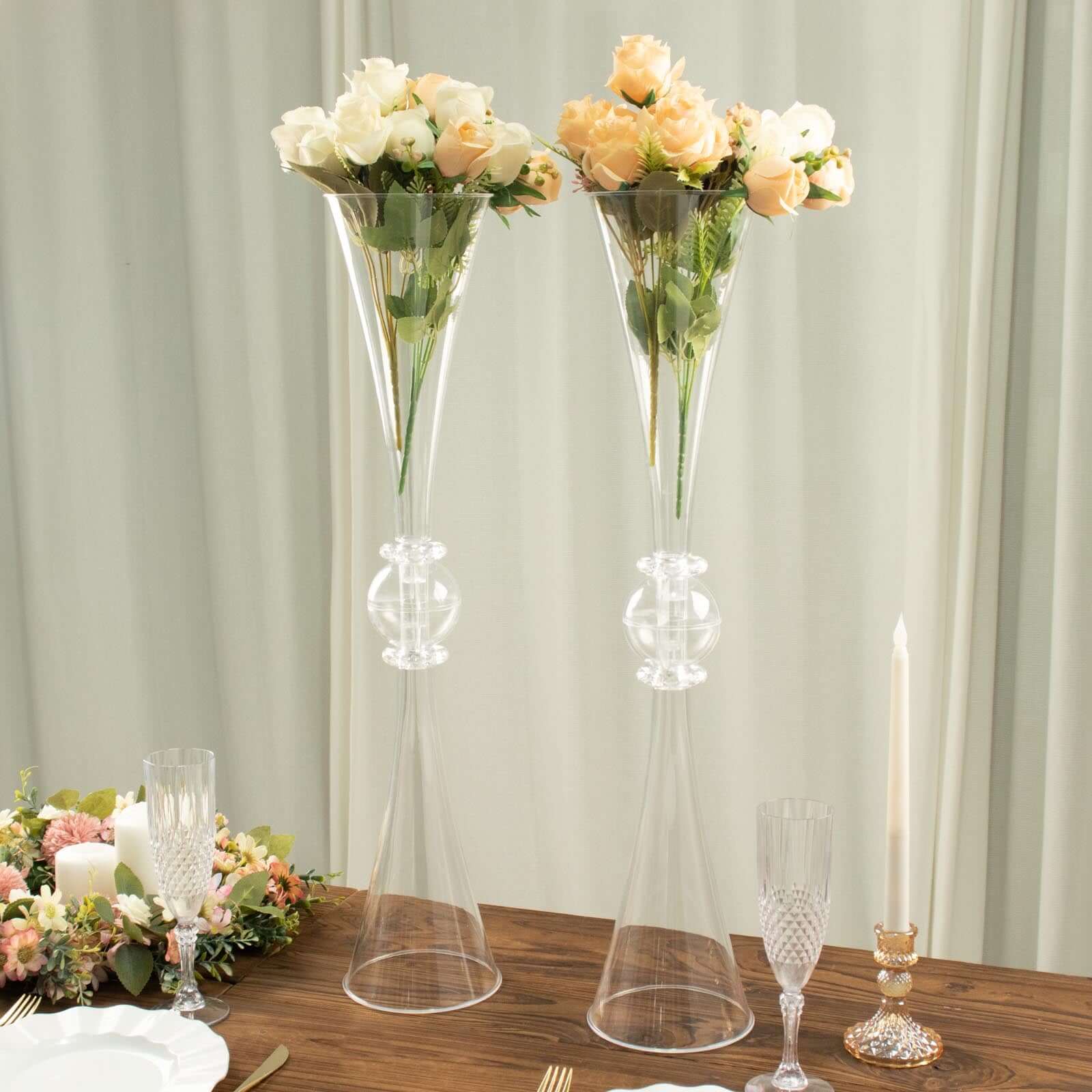 2-Pack Clear Reversible Plastic Trumpet Flower Vases with Crystal Embellishments - Ideal for Events!