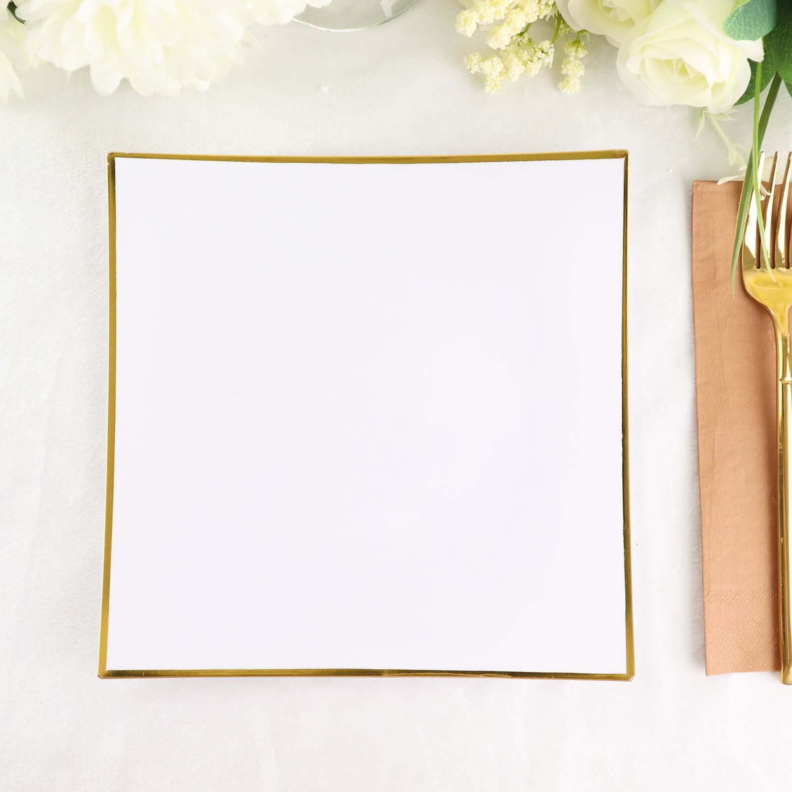 Hot Deal! 10-Pack White Concave Square Plastic Dessert Plates with Gold Rim - Ideal for Weddings & Special Events