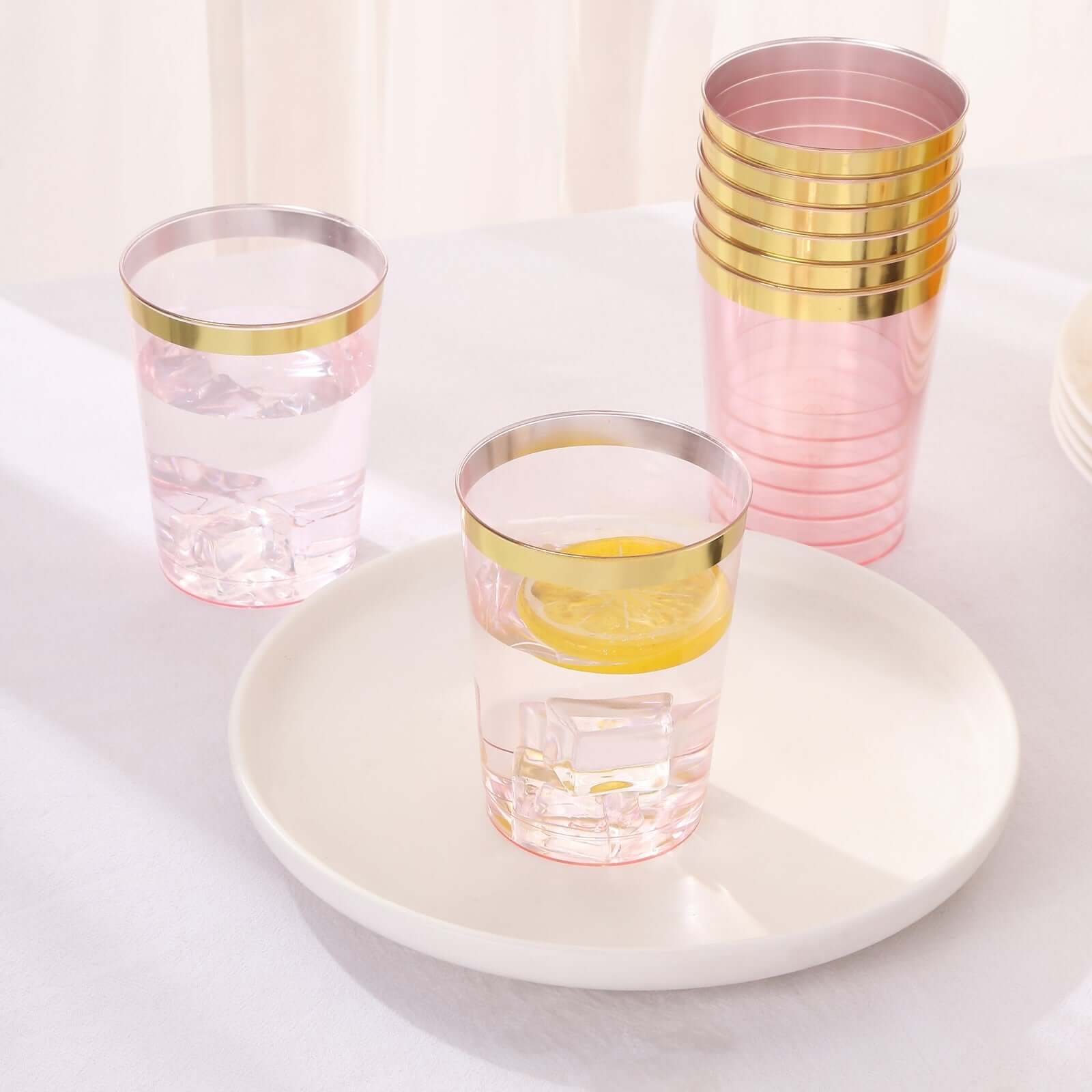 25-Pack 10oz Disposable Plastic Tumbler Cups in Transparent Blush with Stylish Gold Rim