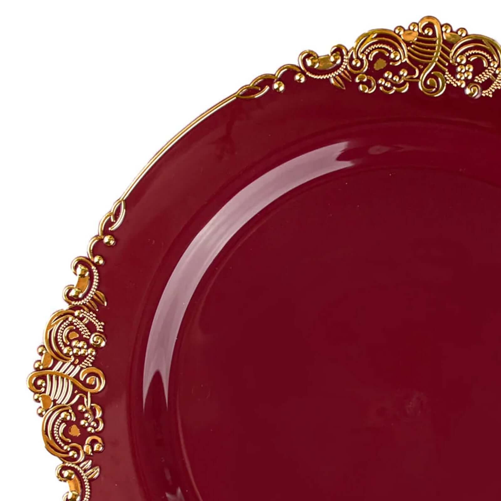 Hot Deal! 10-Pack Disposable Burgundy Plastic Round Dinner Plates with Gold Leaf Embossed Rim, Vintage Baroque Style