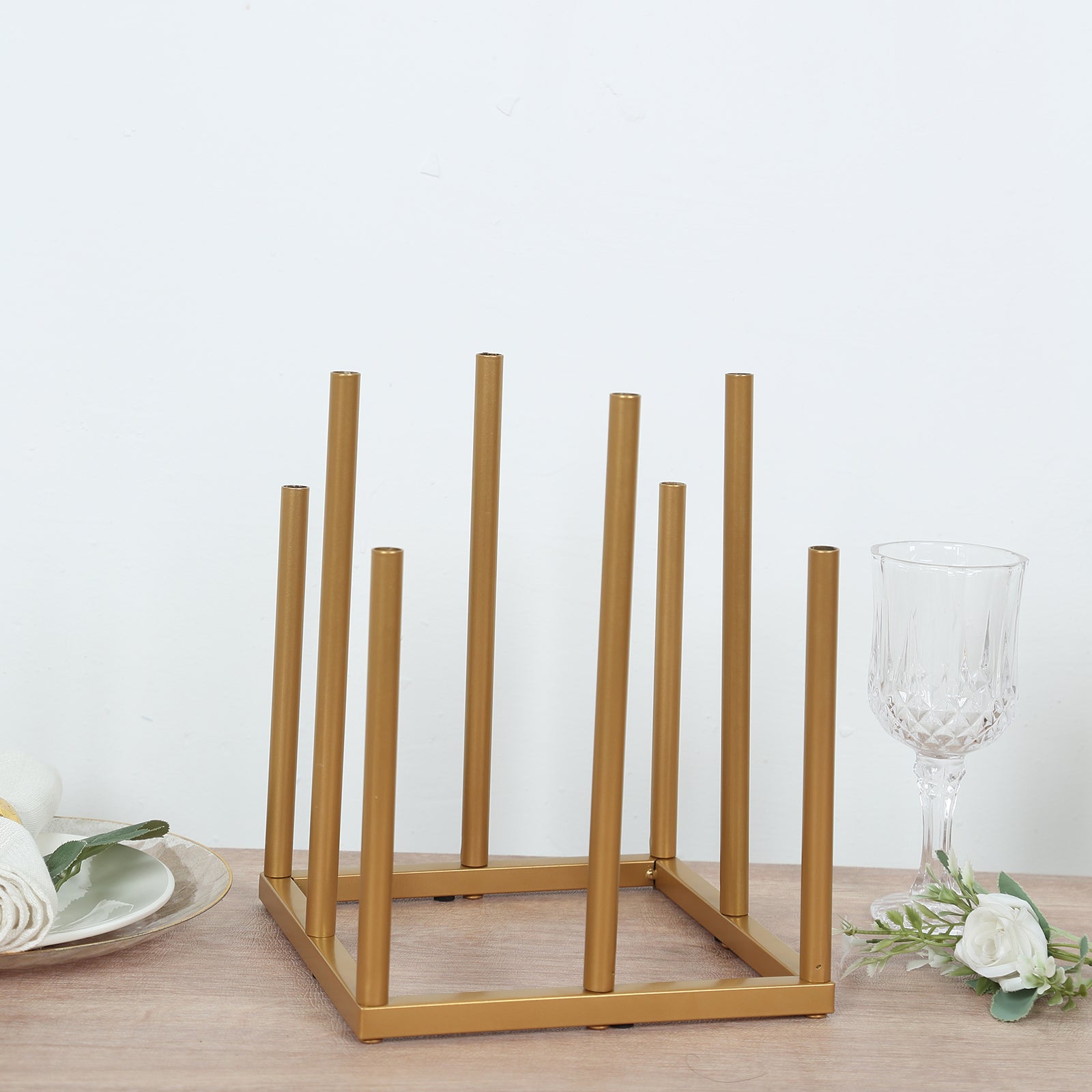 Single Stem Gold Metal Minimalist 8-Tube Flower Vase with Square Base, 10-Inch Tall