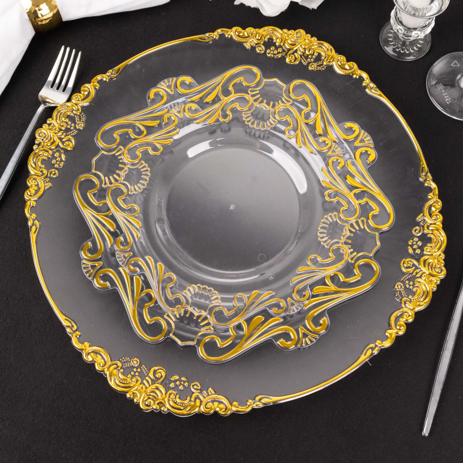 10-Piece Set of Clear Plastic Round Dessert Plates with Gold Vintage Baroque Scalloped Edge