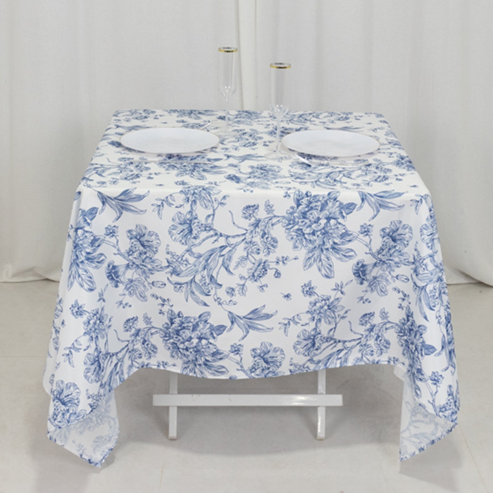 Get This Elegant 70x70 Polyester Square Tablecloth in White - Blue French Toile Pattern for Fancy Settings