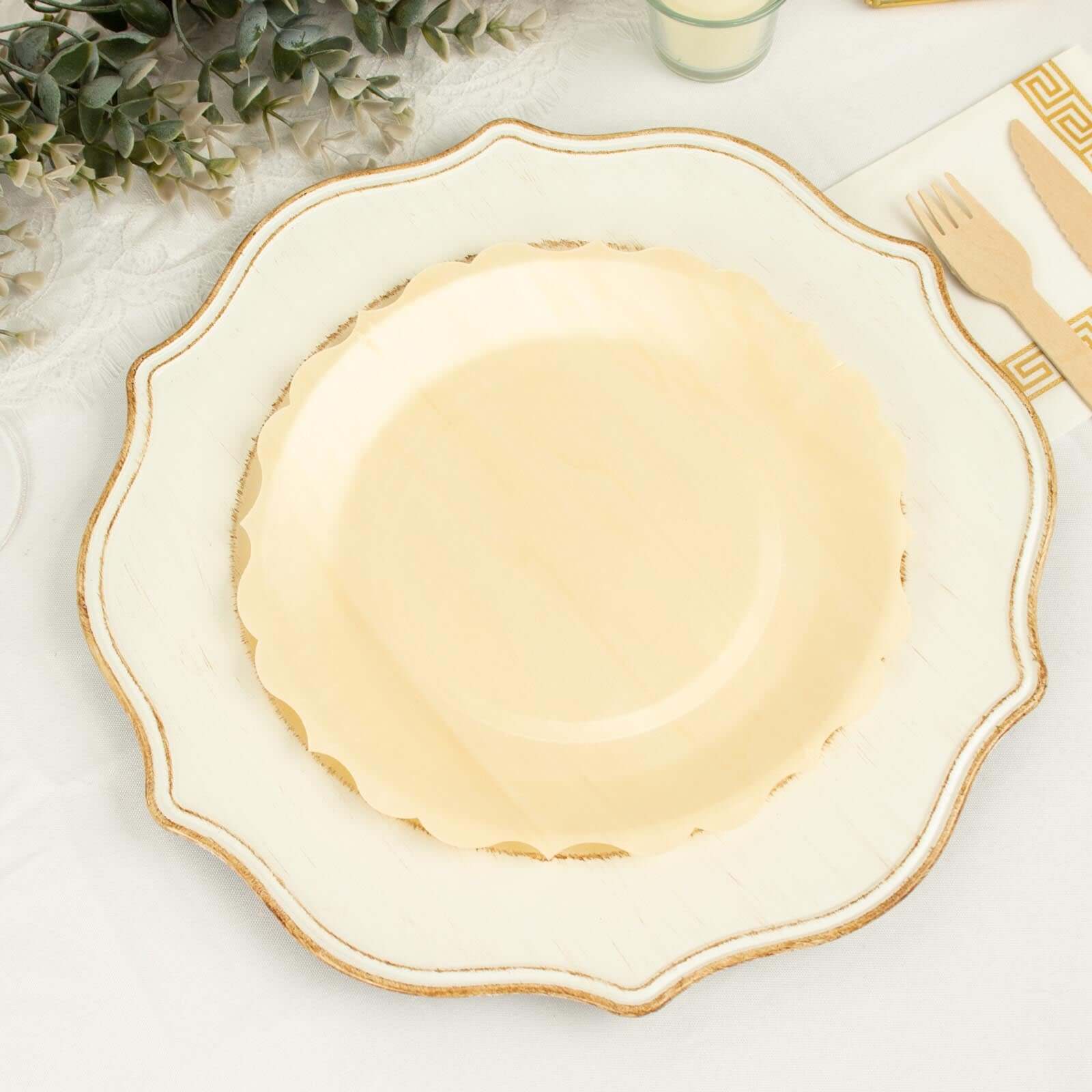 12-Piece Set of Natural Birchwood Round Dinner Plates with Scalloped Rim - Ideal for Farmhouse Events