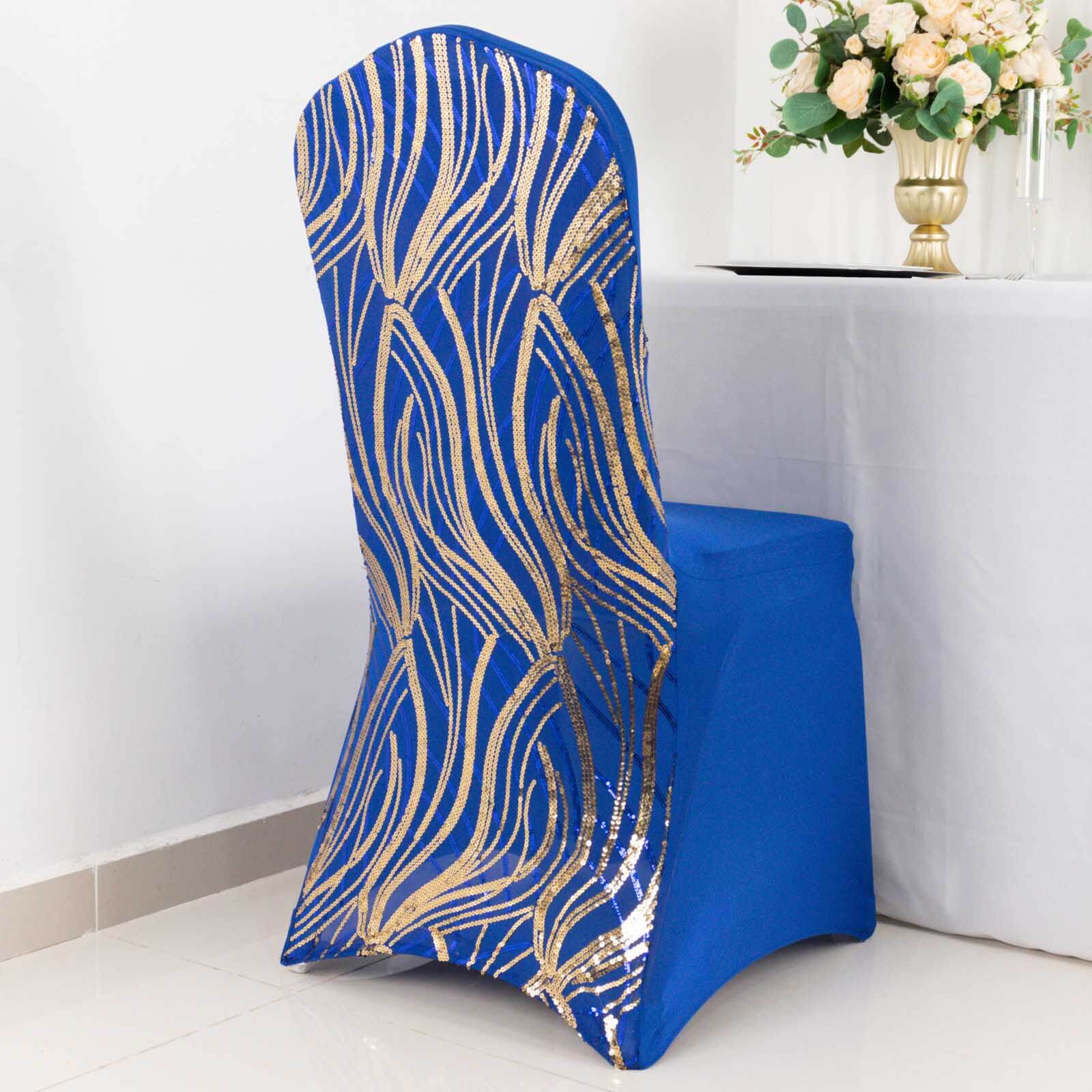 Royal Blue and Gold Spandex Banquet Chair Cover with Wave - Embroidered Glittering Sequins