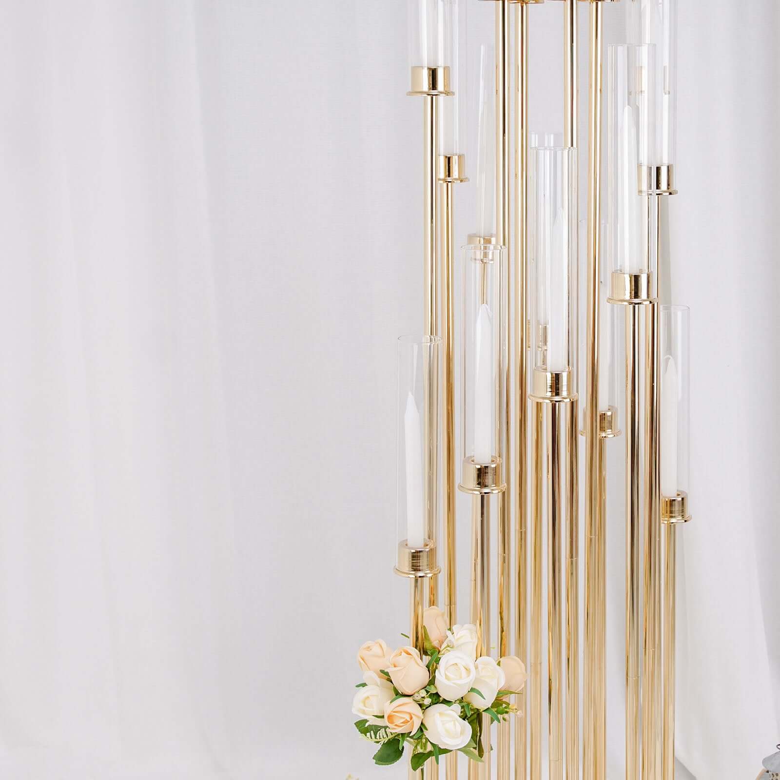 Gold 16-Arm Cluster Taper Candle Holder with Clear Glass Shades - Ideal Large Candle Display for Venues