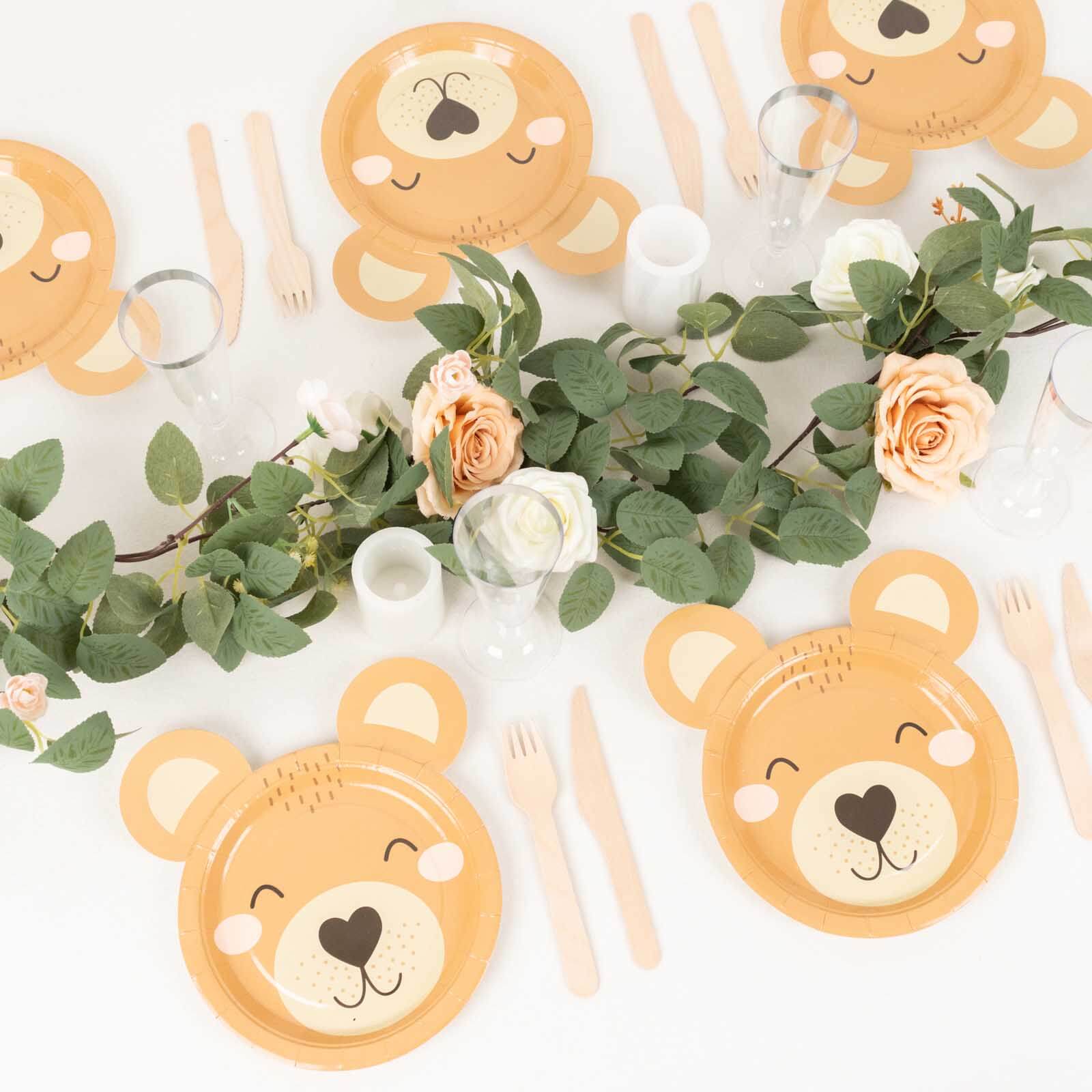 25-Pack Disposable 300GSM Brown Teddy Bear Print Round Dessert Plates - Ideal for Party Decor