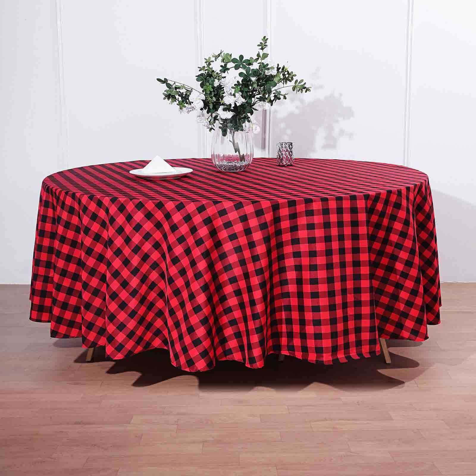 108-Inch Black and Red Buffalo Plaid Polyester Round Tablecloth - Perfect for Events