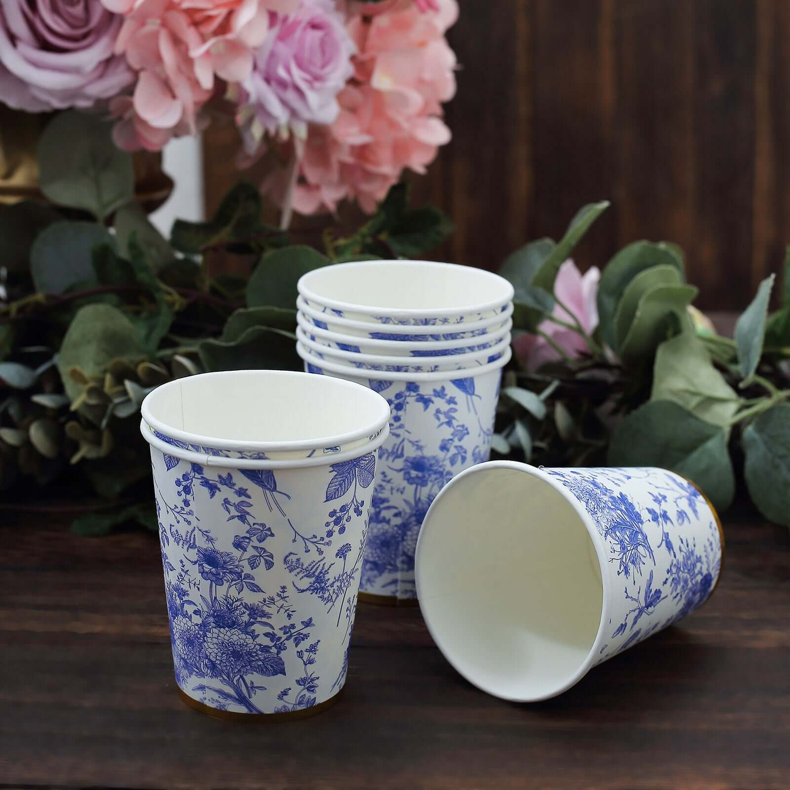 24-Pack 9oz Disposable Paper Party Cups in Elegant French Toile Pattern with Gold Rim