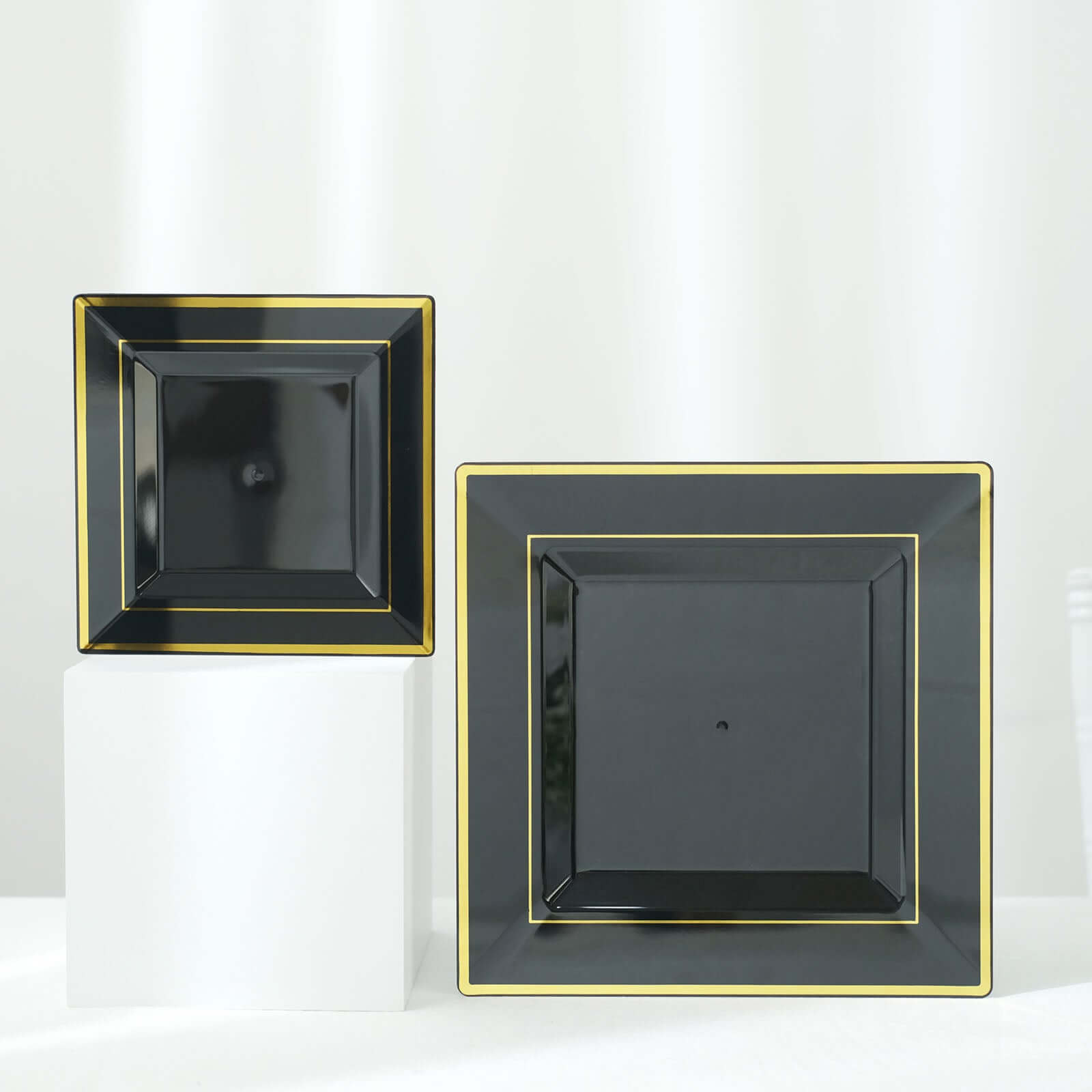 10-Piece Set of Lightweight Disposable Black Square Dinner Plates with Gold Trim