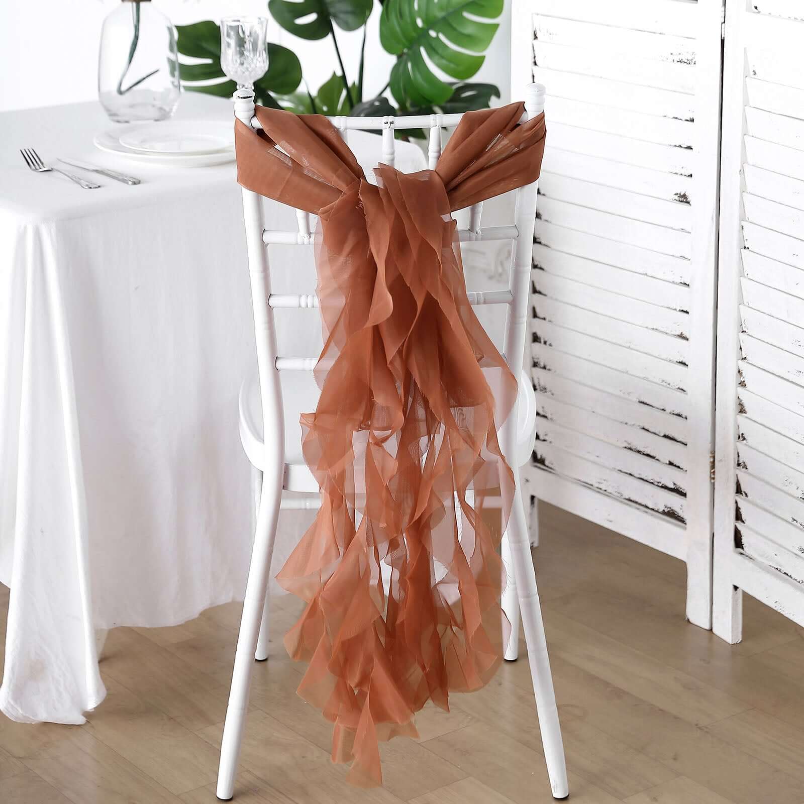 Stylish Terracotta (Rust) Chiffon Chair Sashes Set with Willow Ruffles Design