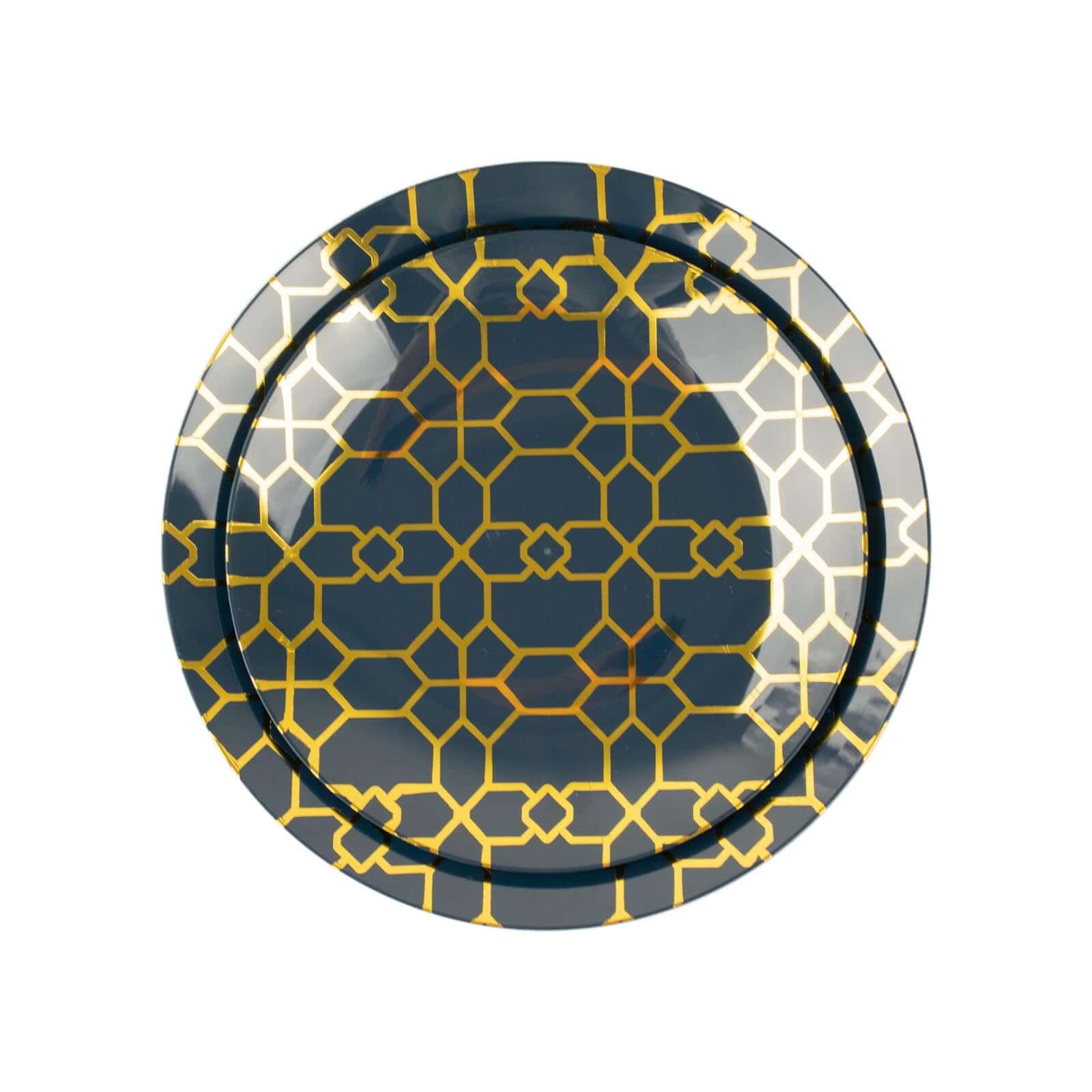 Hot Deal! 20-Pack Navy Blue Plastic Dinnerware Set with Gold Geometric Print for Weddings