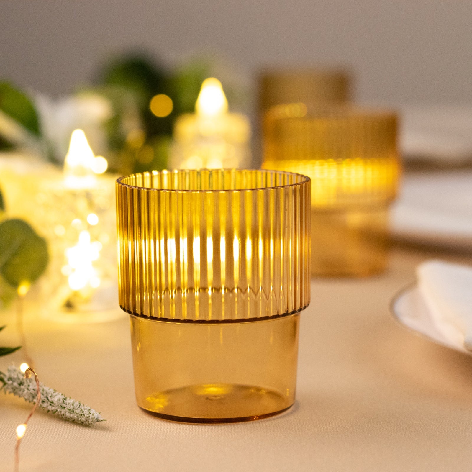 12-Piece Stackable Reusable 7oz Amber Gold Ribbed Plastic Drinking Glasses