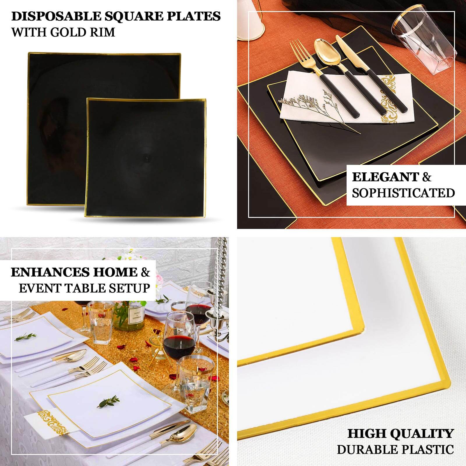 Hot Deal! 10-Pack White Concave Square Plastic Dessert Plates with Gold Rim - Ideal for Weddings & Special Events