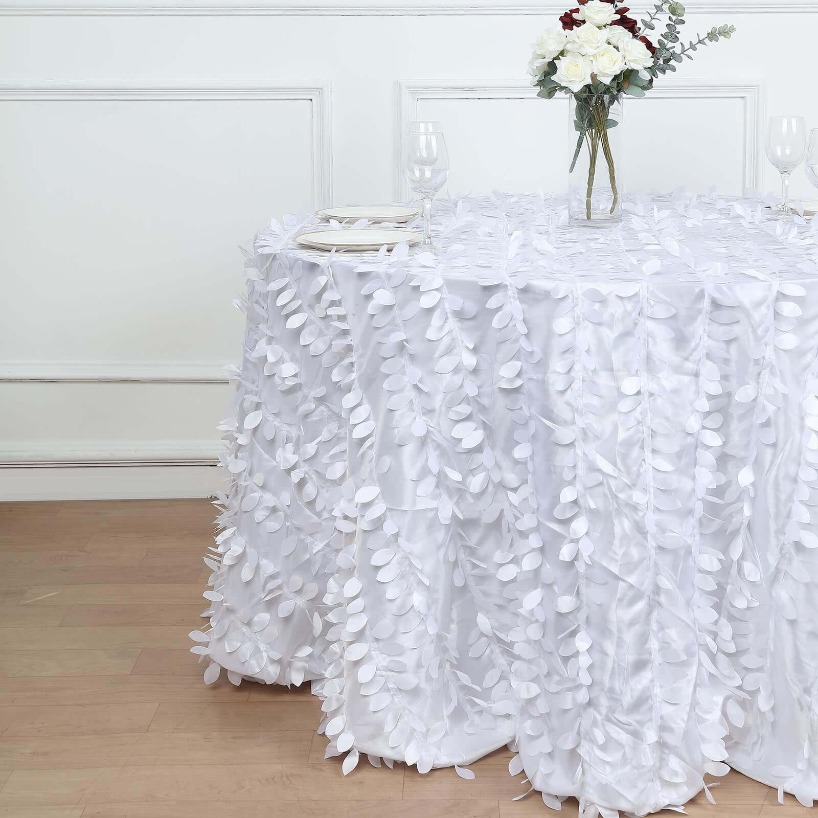 Premium White Taffeta 120 Round Tablecloth with 3D Leaf Petal Design for Weddings & Events