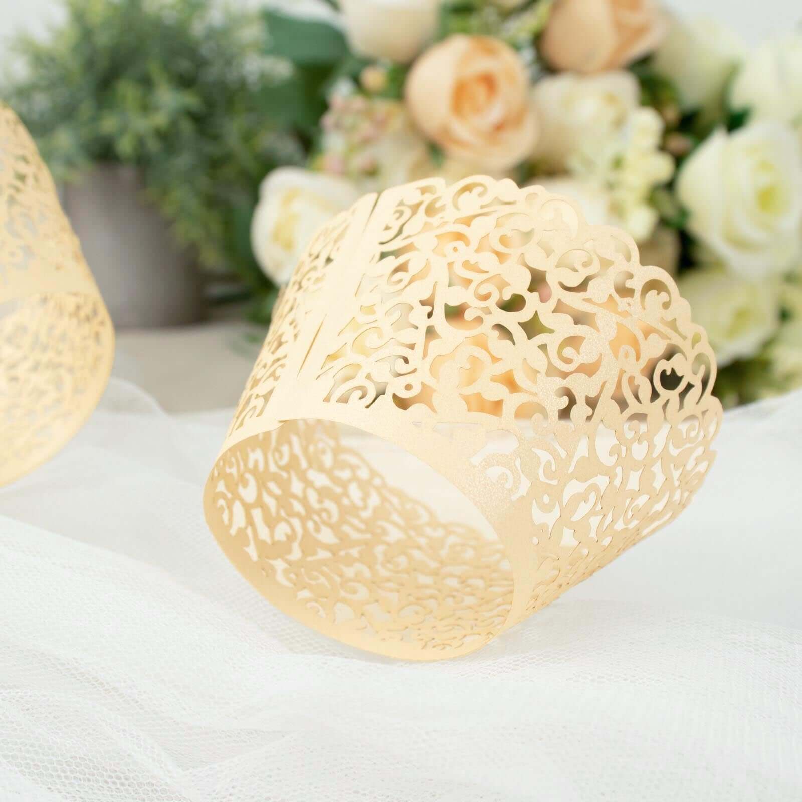 25-Pack Ivory Lace Laser Cut Paper Cupcake Wrappers - Ideal for Event Baking