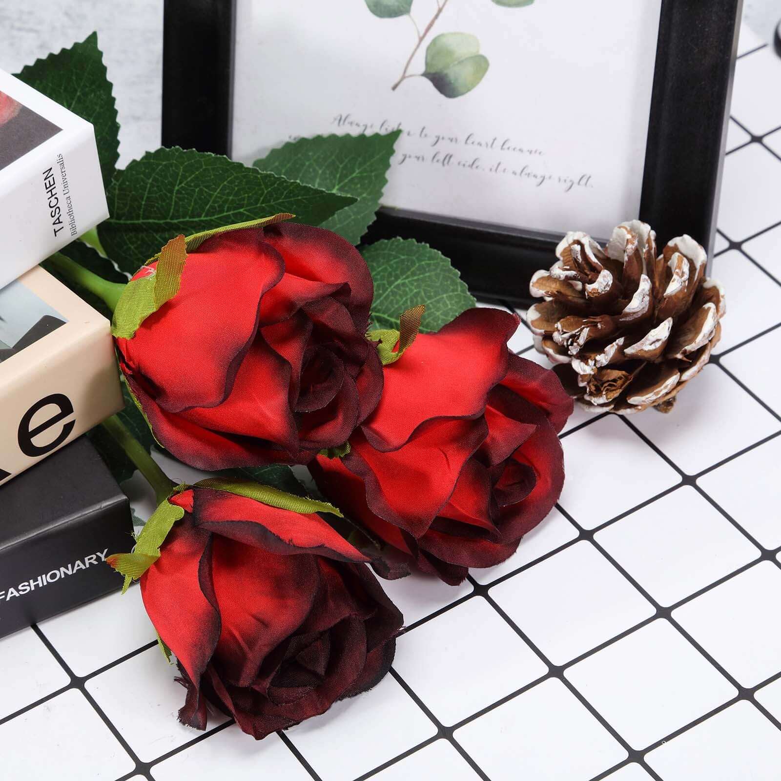 24Pcs Artificial Silk Roses with Red & Black Tips, 31