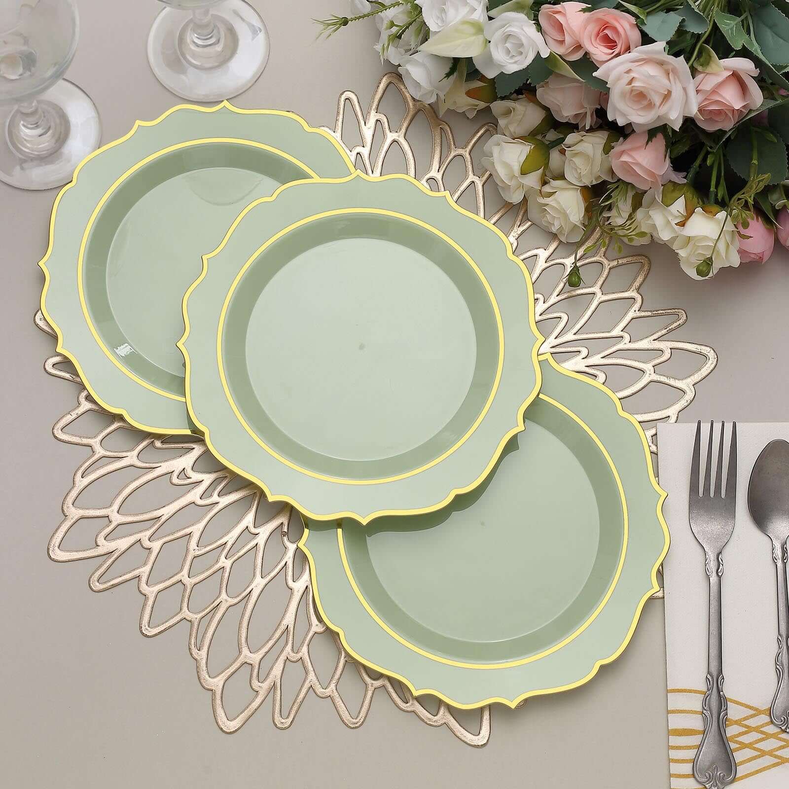 Hot Deal! 10-Pack Disposable Plastic Round Salad Plates in Sage Green with Gold Scalloped Rim, 8-Inch