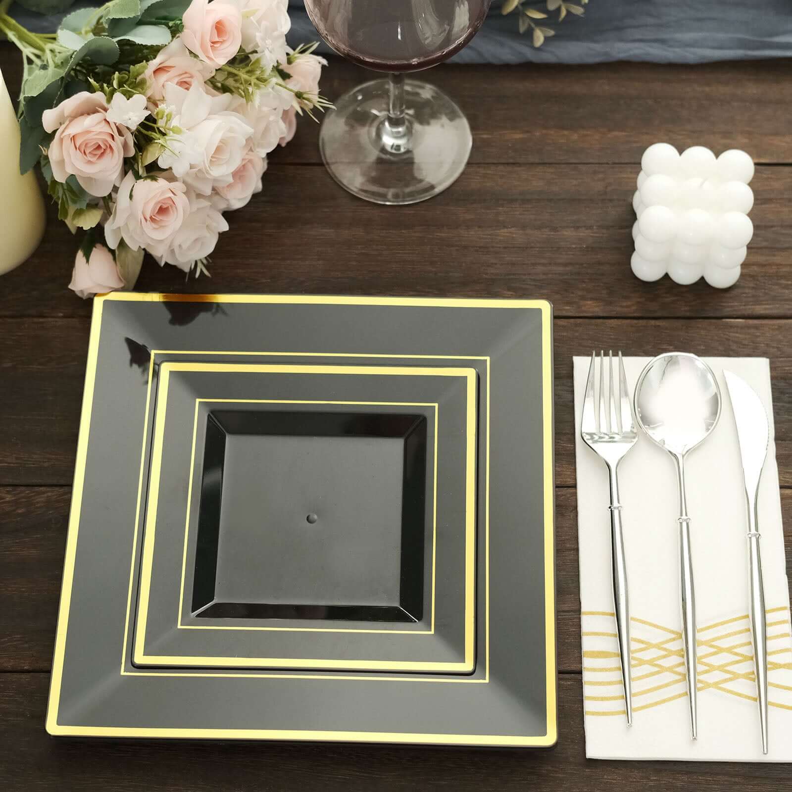 10-Piece Set of Lightweight Disposable Black Square Dinner Plates with Gold Trim